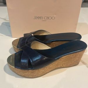 Jimmy Choo Prima Crocodile Embossed Leather Navy Platform Sandals 40.5